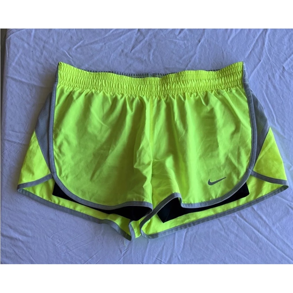 Women Small Nike Dri-FIT Tempo Running Shorts Highlighter Yellow Lined 3” Inseam